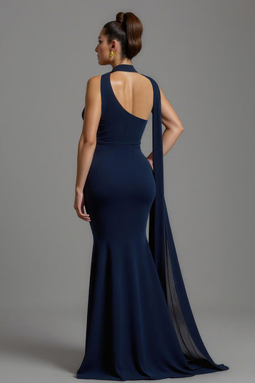 Mermaid Navy Satin Neck Scarf Long Formal Dress